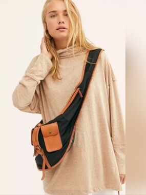 Free People Blue Ridge Sling Bag Tan  & Black Leather Trim Black Canvas